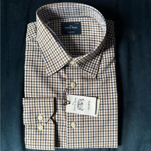 Savile Row Tan/Navy Check Slim Fit Dress Shirt 17.5 34/35 NWT